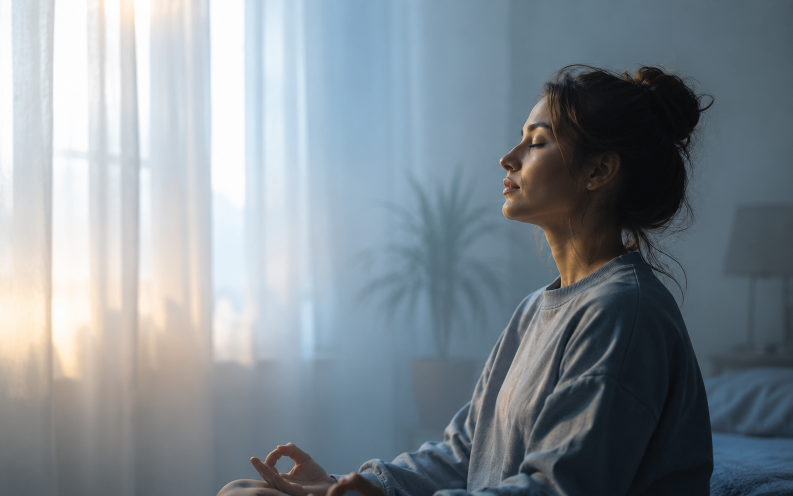 Peaceful woman practicing breathing to stop overthinking